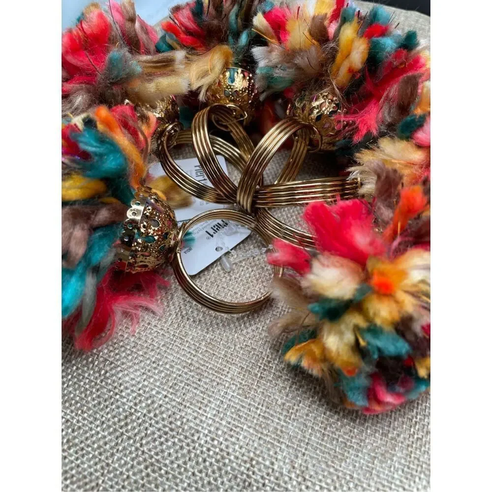 New Pier One Set of 6 Multicolored Napkin Rings Pom Poms  Festive